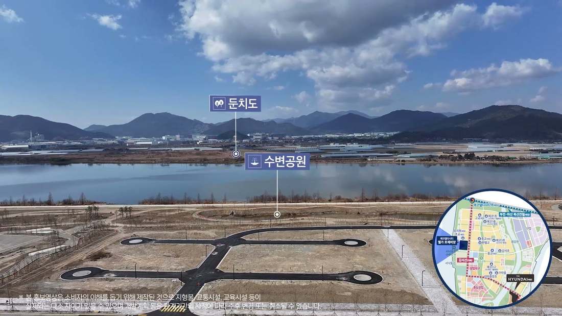 서낙동강 수변공원 방향 사업지 일대 촬영 영상 장면(계획 표기 포함)